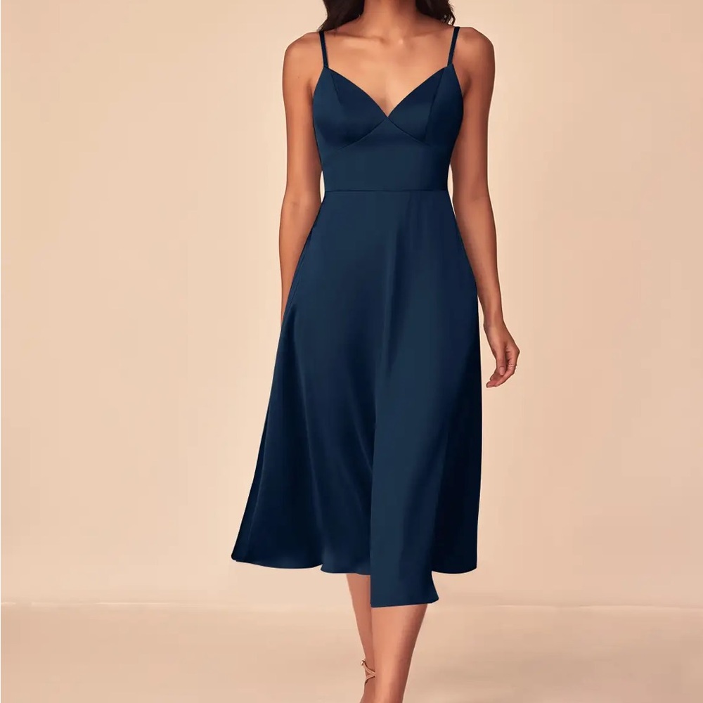 Azazie Elegant Dottie Dark Navy Dress V-Neck and Buttons Satin-like Material